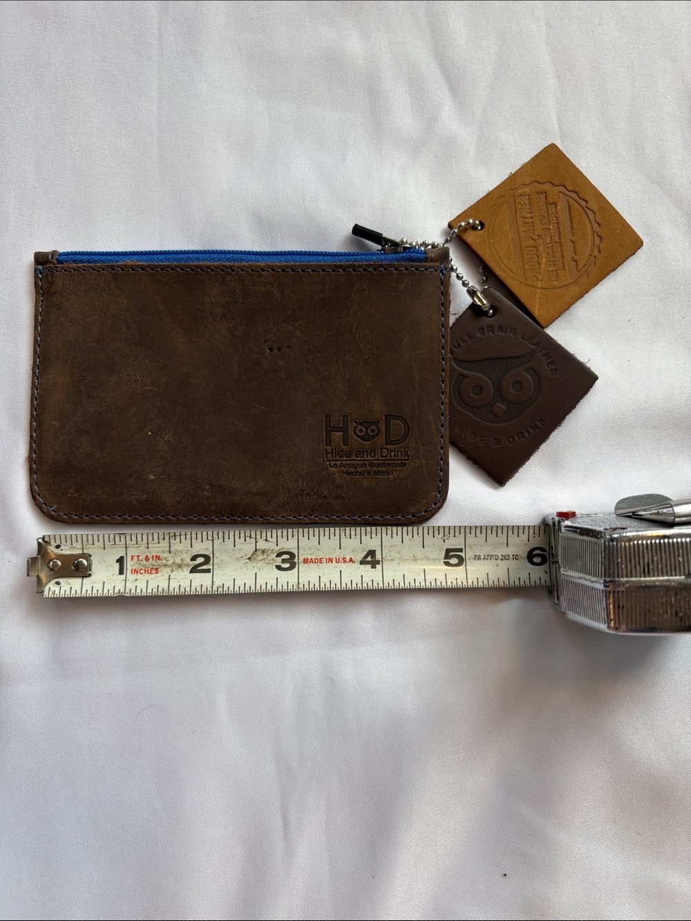 Brown Leather Zip Wallet with Blue Zipper